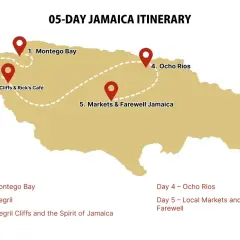 Mapa Jamajki z trasą 5-dniowych wakacji: Montego Bay, Negril, Ocho Rios i lokalne targi. Idealny plan na jamajskie wakacje!