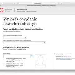 Formularz wniosku o wydanie dowodu osobistego online. Wybierz powód, urząd odbioru i dodaj zdjęcie.