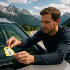 Mężczyzna przykleja winietę na szybę samochodu w górach. Czy do Austrii potrzebny jest paszport? Nie, ale winieta jest obowiązkowa!