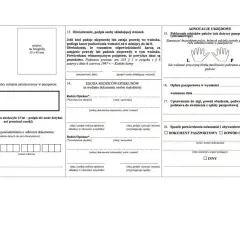 Formularz wniosku o wydanie dokumentu, gdzie zaznacza się płeć, miejsce na zdjęcie do paszportu, dane rodziców/opiekunów, wybór sposobu powiadomienia o odbiorze dokumentu, oświadczenie o odpowiedzialności karnej, zgodę na wydanie dokumentu osobie małol...