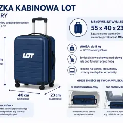 Walizka kabinowa LOT: wymiary 55x40x23 cm, waga do 8 kg. Idealna na bagaż podręczny, mieści się w schowku nad głową lub pod fotelem.