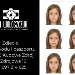Jan Wołoszczuk oferuje zdjęcia do dowodu i paszportu. Na zdjęciu widać sześć identycznych portretów uroczej dziewczynki.