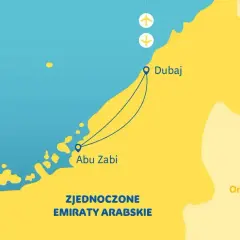 Mapa Zjednoczonych Emiratów Arabskich z zaznaczonymi Dubajem i Abu Zabi. Dwa samoloty symbolizują podróż między miastami.
