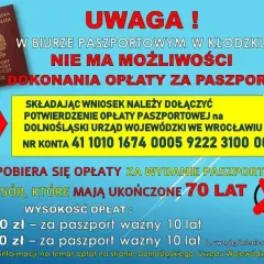 W Kłodzku nie zapłacisz za paszport. Opłatę za paszport dla dziecka (140 zł) wpłać na konto urzędu we Wrocławiu.