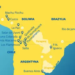 Mapa turystyczna: Ameryka Południowa kraje. Zaznaczone Peru, Boliwia, Brazylia, Paragwaj, Argentyna, Chile, Urugwaj. Punkty: Lima, Machu Picchu, Salar de Uyuni, Wodospady Iguacu.