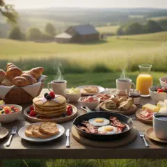 Obfite śniadanie na łonie natury: naleśniki, jajecznica, bekon, owoce, pieczywo i kawa. Prawdziwy full board plus!