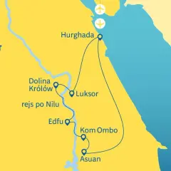 Mapa turystyczna Egiptu z zaznaczonymi miastami: Hurghada, Luksor, Dolina Królów, Edfu, Kom Ombo, Asuan. Pokazuje trasę rejsu po Nilu i sugeruje, ile się leci do Egiptu.