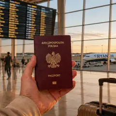 Paszport w dłoni, samolot Ryanair na płycie lotniska. Czy na Maltę trzeba mieć paszport? Tak, dla obywateli spoza UE.
