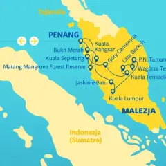 Mapa pokazuje trasę podróży po Malezji, obejmującą Penang, Kuala Lumpur, Góry Cameron i Park Narodowy Taman Negara. Idealne miejsce na wakacje!