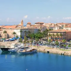 Port w Ajaccio, stolicy Korsyki, z jachtami i palmami.