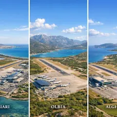 Trzy lotniska na Sardynii: Cagliari, Olbia i Alghero, z widokiem na morze i góry.