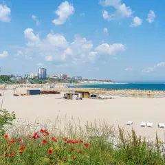 Piękne, puste plaże w Rumunii, z rzędami leżaków i parasoli, w tle budynki mieszkalne i błękitne morze.