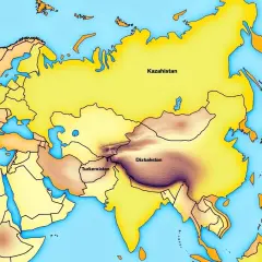 Mapa pokazuje, gdzie leży Kazachstan, rozległe państwo w Azji Środkowej, sąsiadujące z Rosją, Chinami i Morzem Kaspijskim.