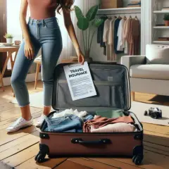 Kobieta pakuje walizkę, trzymając dokument "Travel Insurance". Sprawdza ubezpieczenia turystyczne ranking, by wybrać najlepszą opcję na podróż.