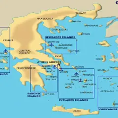 Mapa Grecji z zaznaczonymi wyspami: Wyspy Jońskie (Korfu, Kefalonia), Cyklady (Santorini, Mykonos), Sporady, Dodekanez (Rodos, Kos).