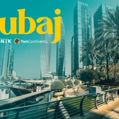 Dubaj: czy do Dubaju trzeba paszport? Widok na nowoczesne drapacze chmur, palmy i przystań z łodziami.