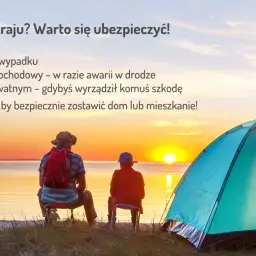 Dwie osoby siedzą przy namiocie nad jeziorem o zachodzie słońca. Tekst informuje o ubezpieczeniu NNW na wypadek wypadku.