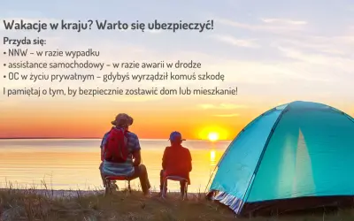 Dwie osoby siedzą przy namiocie nad jeziorem o zachodzie słońca. Tekst informuje o ubezpieczeniu NNW na wypadek wypadku.