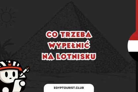 Urocza postać w stroju faraona trzyma dokument, a na tle piramidy widnieje napis "Co trzeba wypełnić na lotnisku", sugerujący formalności związane z wizą do Egiptu.