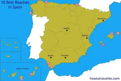 Mapa Hiszpanii z zaznaczonymi 10 najlepszymi plażami. Idealna inspiracja na wycieczkę do Hiszpanii!