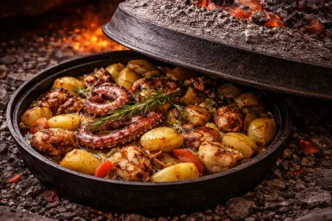 Pyszne chorwackie jedzenie: ośmiornica z ziemniakami i warzywami, pieczone pod żelazną pokrywą na żarze.