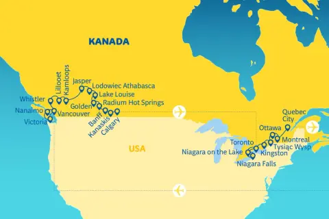 Mapa turystyczna Kanady z zaznaczonymi miastami: Vancouver, Calgary, Toronto, Montreal, Ottawa, Quebec.