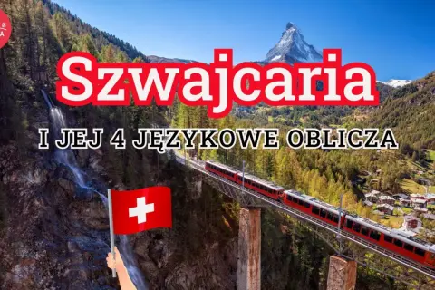 Szwajcaria i jej 4 językowe oblicza. Widok na góry, wodospad, pociąg i flagę Szwajcarii.