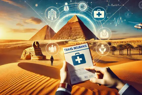 Ubezpieczenie turystyczne Egipt: ręce trzymają dokument "Travel Insurance" na tle piramid i Sfinksa. Wokół symbole medyczne i pomoc.