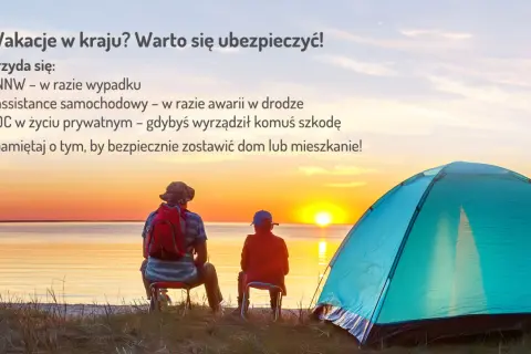 Dwie osoby siedzą przy namiocie nad jeziorem o zachodzie słońca. Tekst informuje o ubezpieczeniu NNW na wypadek wypadku.