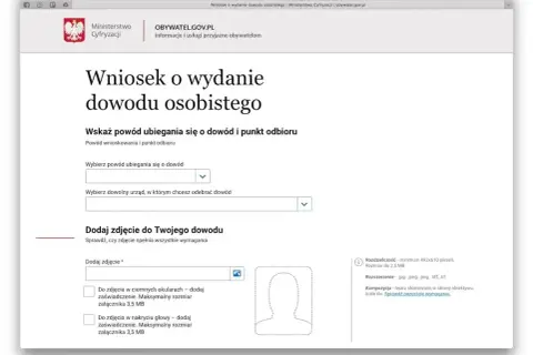 Formularz wniosku o wydanie dowodu osobistego online. Wybierz powód, urząd odbioru i dodaj zdjęcie.