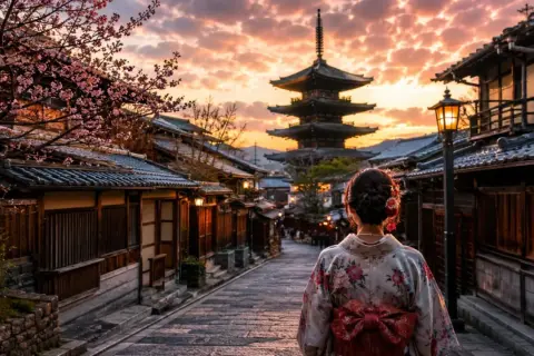 Zachód słońca w Kioto, kobieta w kimonie na tle pagody. Zastanawiasz się, ile kosztuje wycieczka do Japonii?