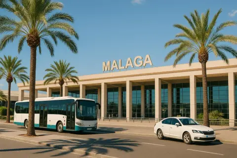 Autobus i biały samochód przed budynkiem lotniska Malaga. Idealne miejsce na rozpoczęcie podróży, tanie malaga loty czekają!