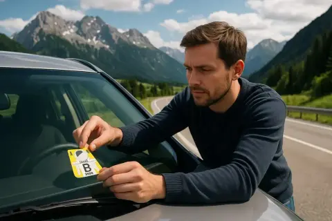 Mężczyzna przykleja winietę na szybę samochodu w górach. Czy do Austrii potrzebny jest paszport? Nie, ale winieta jest obowiązkowa!