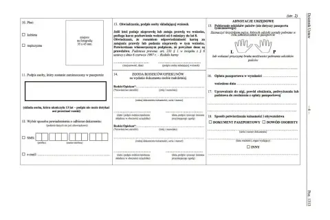 Formularz wniosku o wydanie dokumentu, gdzie zaznacza się płeć, miejsce na zdjęcie do paszportu, dane rodziców/opiekunów, wybór sposobu powiadomienia o odbiorze dokumentu, oświadczenie o odpowiedzialności karnej, zgodę na wydanie dokumentu osobie małol...