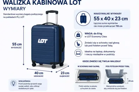 Walizka kabinowa LOT: wymiary 55x40x23 cm, waga do 8 kg. Idealna na bagaż podręczny, mieści się w schowku nad głową lub pod fotelem.