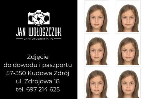 Jan Wołoszczuk oferuje zdjęcia do dowodu i paszportu. Na zdjęciu widać sześć identycznych portretów uroczej dziewczynki.