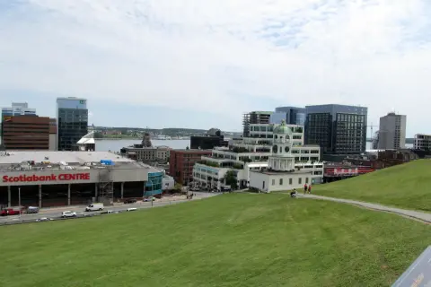Widok na centrum Halifax z zielonym wzgórzem i budynkami, w tym Scotiabank Centre.
