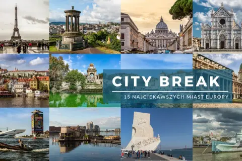 Kolaż zdjęć z największych miast Europy: Wieża Eiffla, Watykan, Florencja, Praga, Lizbona i inne. Idealne na city break!