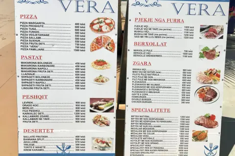Menu restauracji VERA w Albanii: pizza, makarony, ryby, mięsa i desery. Pyszne albania jedzenie!