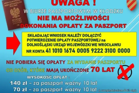 W Kłodzku nie zapłacisz za paszport. Opłatę za paszport dla dziecka (140 zł) wpłać na konto urzędu we Wrocławiu.