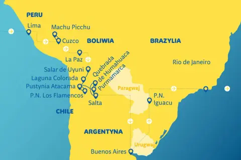 Mapa turystyczna: Ameryka Południowa kraje. Zaznaczone Peru, Boliwia, Brazylia, Paragwaj, Argentyna, Chile, Urugwaj. Punkty: Lima, Machu Picchu, Salar de Uyuni, Wodospady Iguacu.