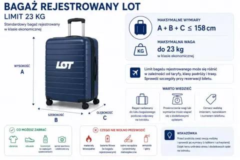 Granatowa walizka LOT z logo, limit 23 kg. Wymiary bagażu rejestrowanego: A+B+C ≤ 158 cm.