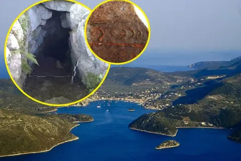 Jaskinia i fragment naczynia z symbolami, potencjalnie z epoki Odyseusza, na tle malowniczej wyspy.