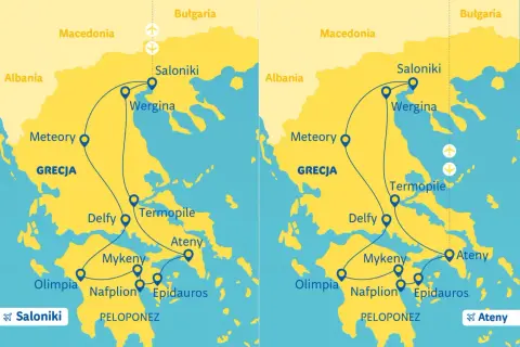 Mapa Grecji z trasą wycieczki objazdowej 10 dni: Saloniki, Meteory, Delfy, Ateny, Peloponez.