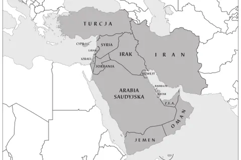 Mapa Bliskiego Wschodu z zaznaczonymi krajami: Turcja, Syria, Irak, Iran, Jordania, Izrael, Liban, Arabia Saudyjska, Jemen, Oman, Z.E.A., Katar, Bahrajn.
