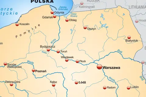 Mapa Polski z zaznaczonymi miastami i rzekami. Widać wybrzeże Bałtyku, a na południu Polski rzeki Odra i Warta.