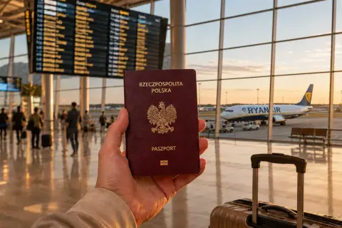 Paszport w dłoni, samolot Ryanair na płycie lotniska. Czy na Maltę trzeba mieć paszport? Tak, dla obywateli spoza UE.