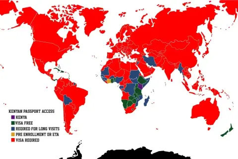 Mapa świata pokazująca dostęp dla obywateli Kenii. Większość krajów wymaga wizy, ale niektóre oferują bezpłatny wjazd.
