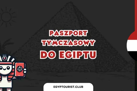 Czy do Egiptu potrzebny jest paszport? Grafika przedstawia piramidę, flagę Egiptu i postać faraona z paszportem.