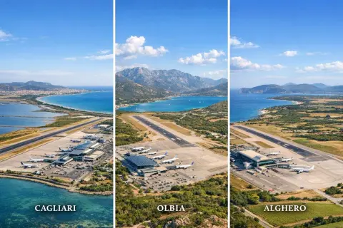Trzy lotniska na Sardynii: Cagliari, Olbia i Alghero, z widokiem na morze i góry.